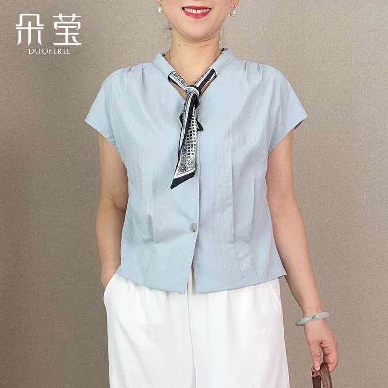 纯色法式丝巾领薄款插肩袖小衫妈妈装休闲中老年女装夏套装A866
