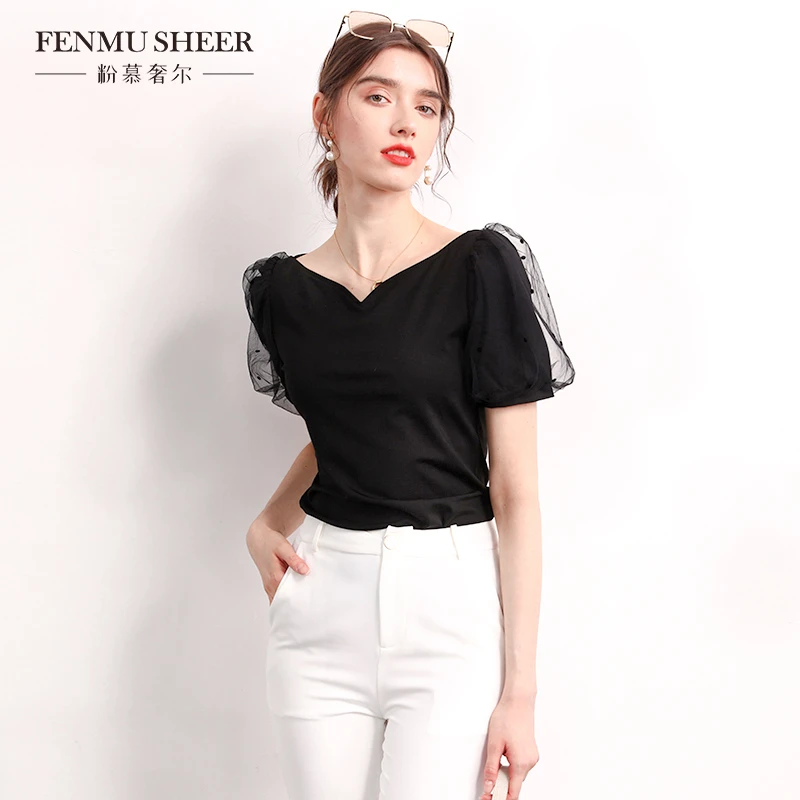【莉莉专属】粉慕奢尔淑女T恤纯色拼接网纱泡泡袖薄款短上衣-G185