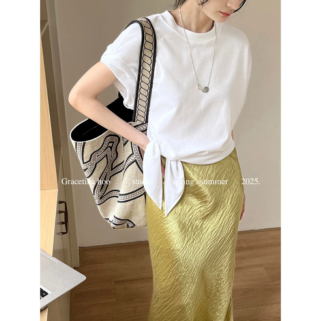 美树【GRACETINA HOO】法式慵懒扭结袖口绑带套头短袖T恤 TB658#