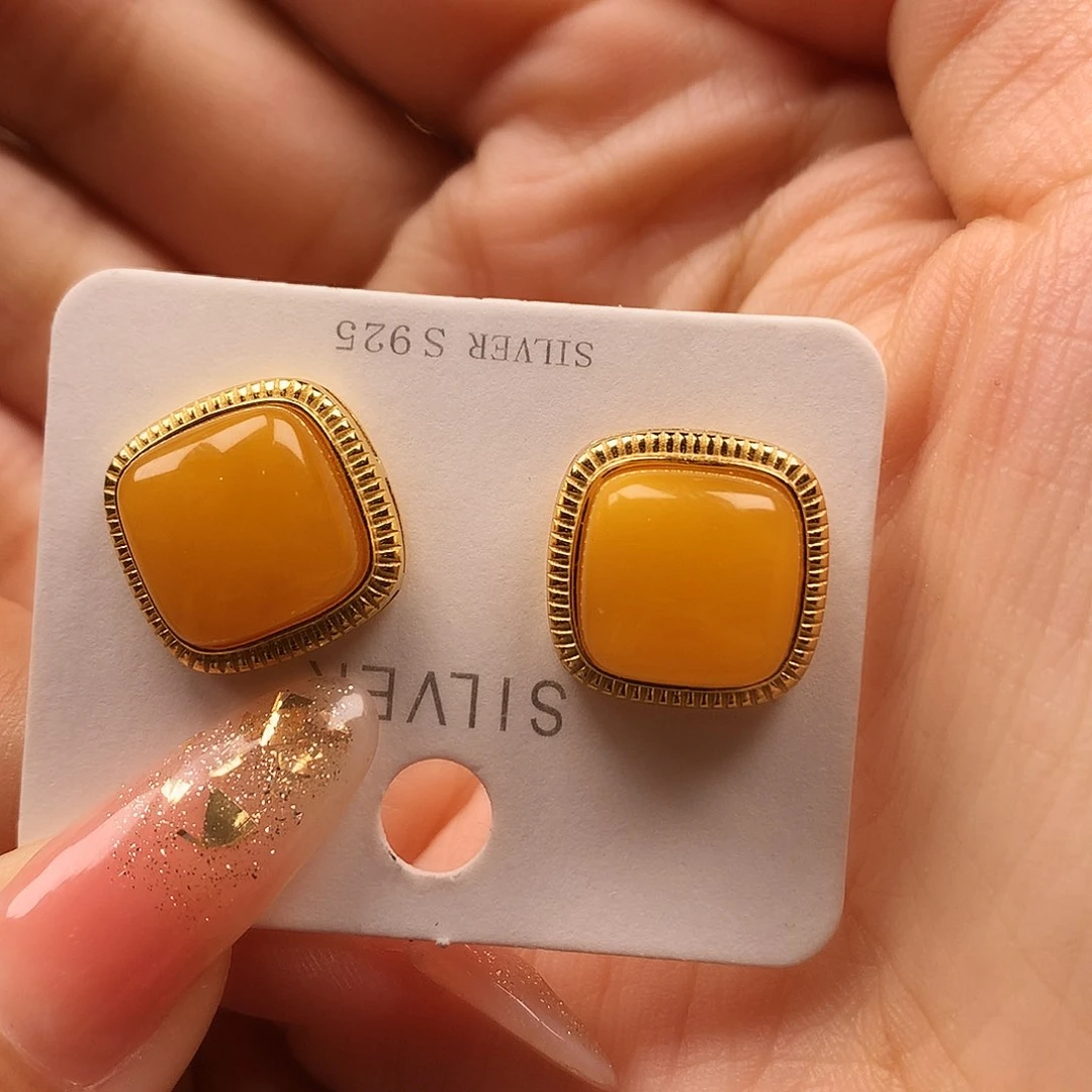 蜜蜡耳饰银S925镶嵌耳钉