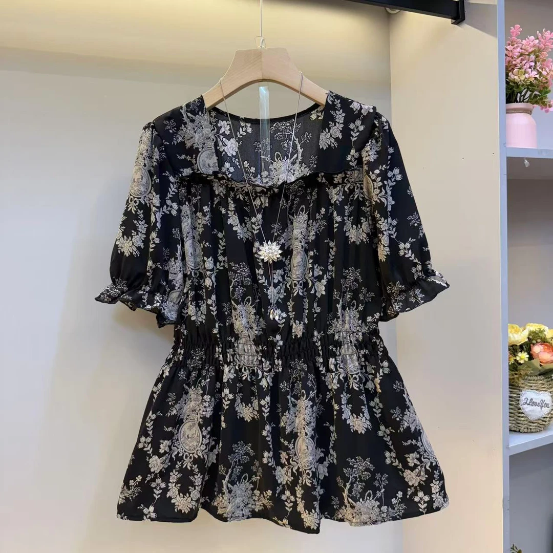 时尚2025夏新款大码女装气质方领收腰显瘦短袖碎花女人衫