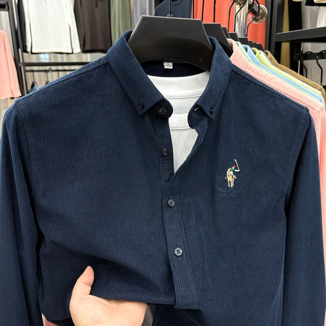 潮牌刺绣灯芯绒红色长袖衬衫男2025秋冬高端时尚百搭休闲翻领衬衣