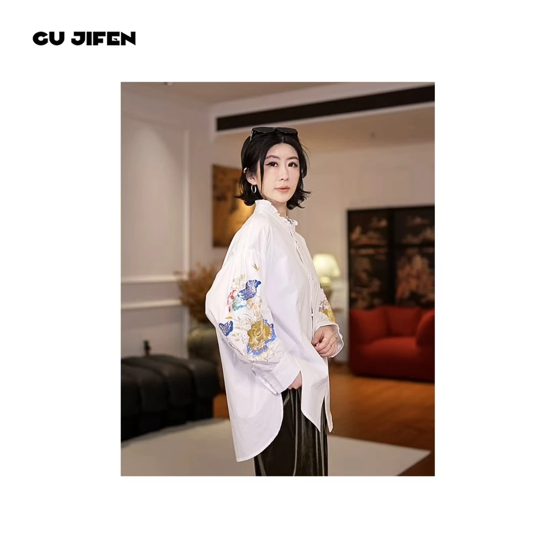 GU JIFEN｜荷塘月色｜新中式重工刺绣木耳边钉珠衬衫女 X58323