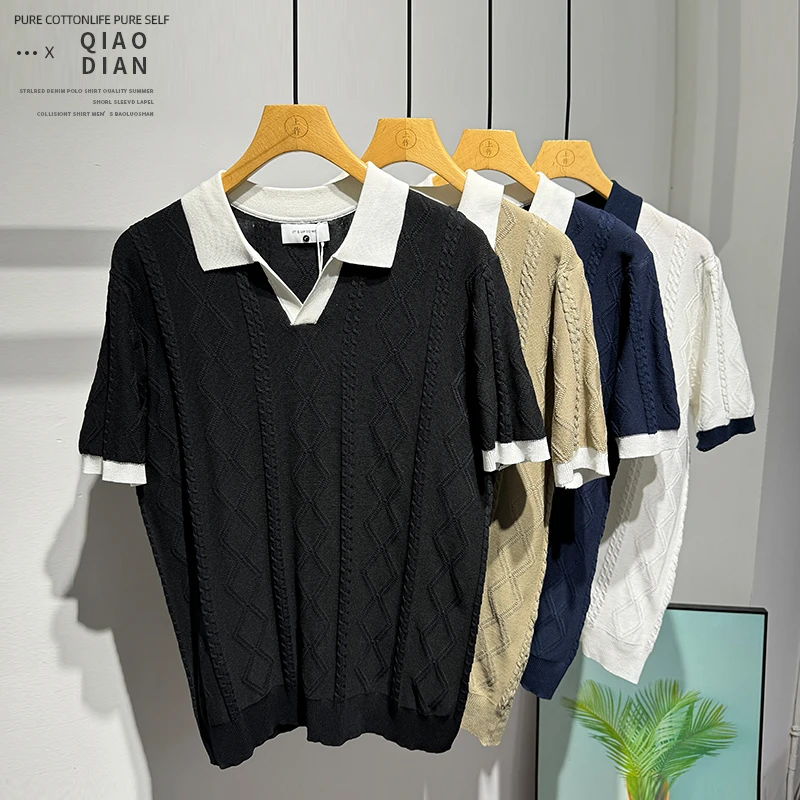 拼接百搭时尚潮流宽松个性帅气针织上衣夏季男士休闲舒适短袖T恤