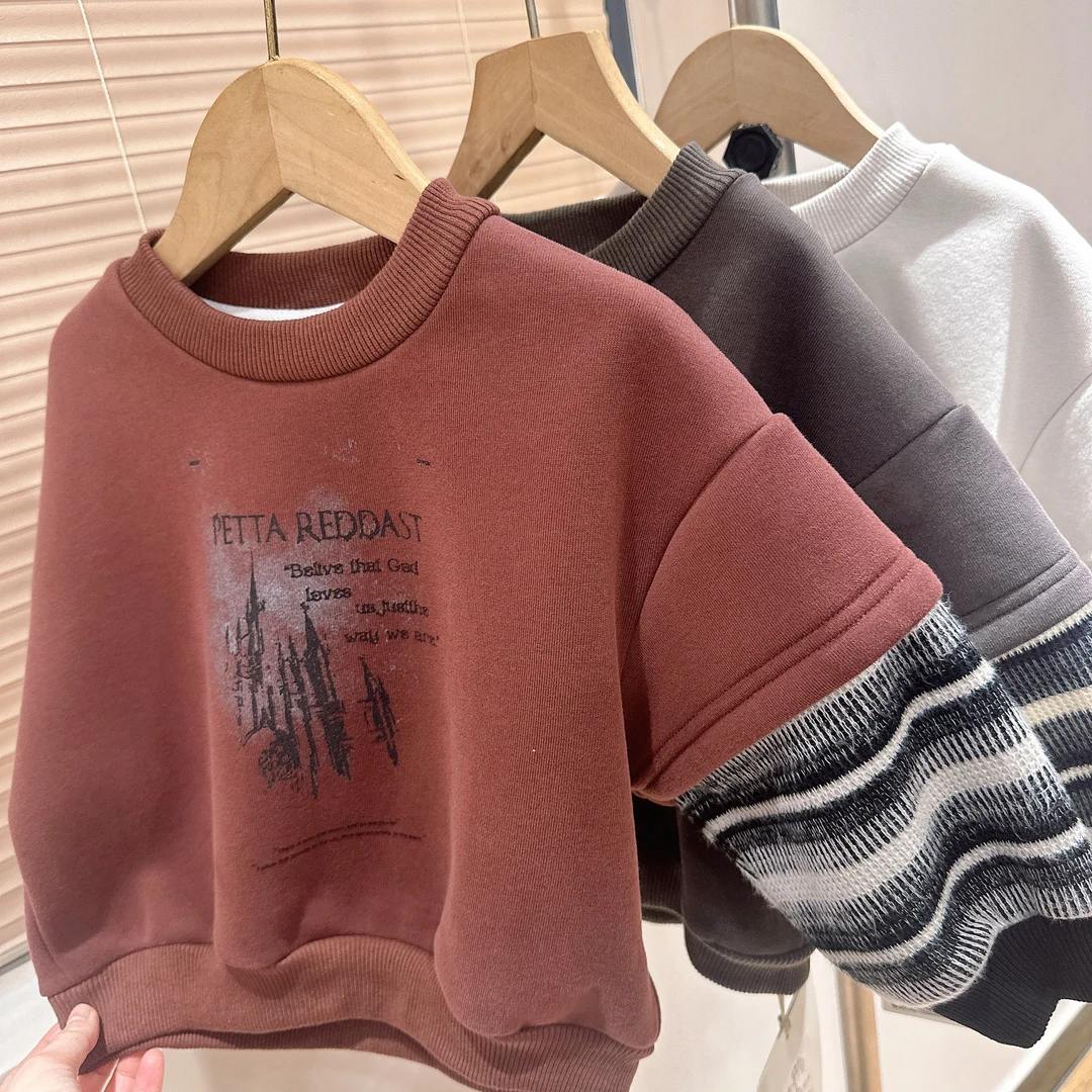 B1-3。77002橘子冬款一体绒男童时尚个性假两件卫衣