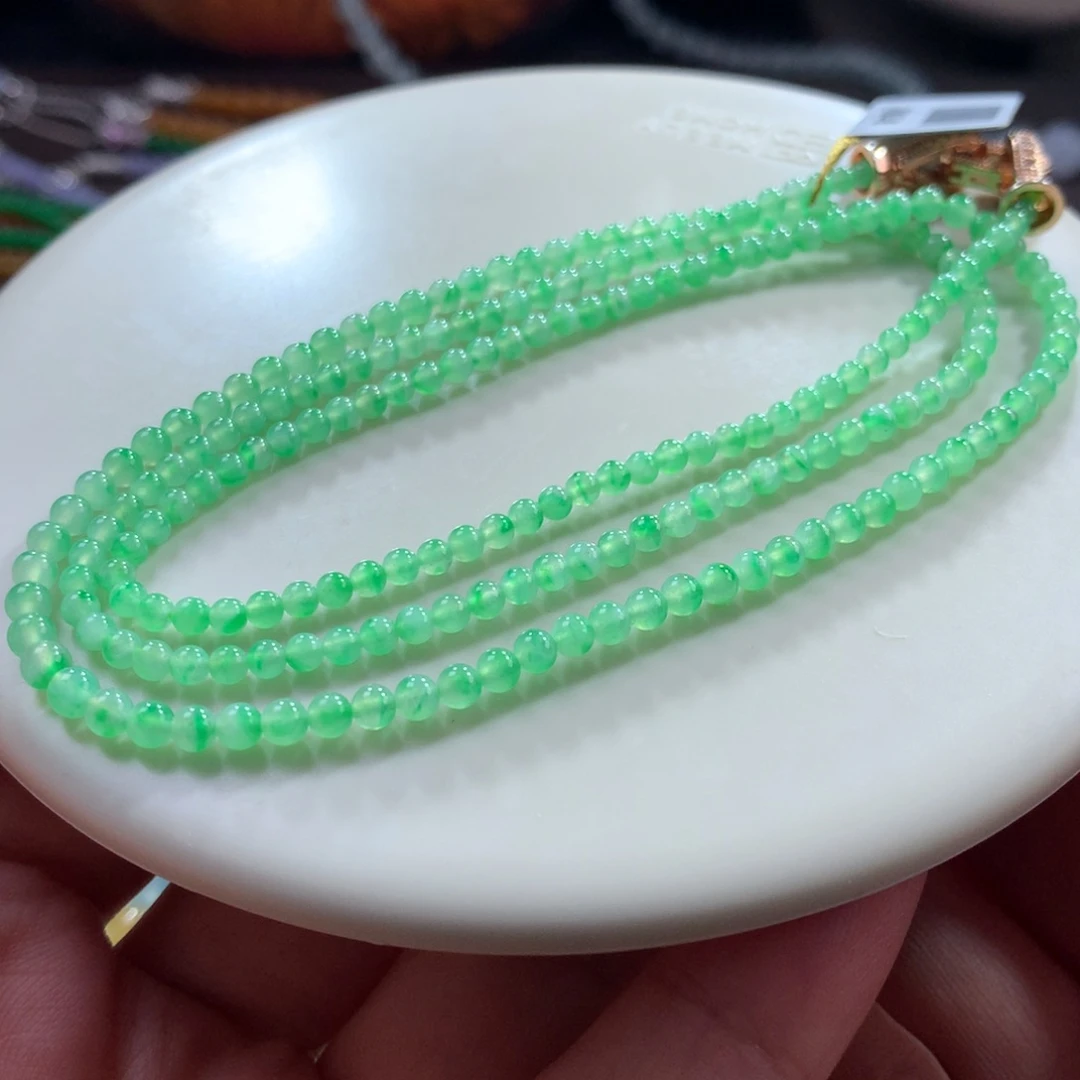 翡翠未镶嵌手链翡翠冰胶底甜绿飘金丝绿卡2.70～3.60+