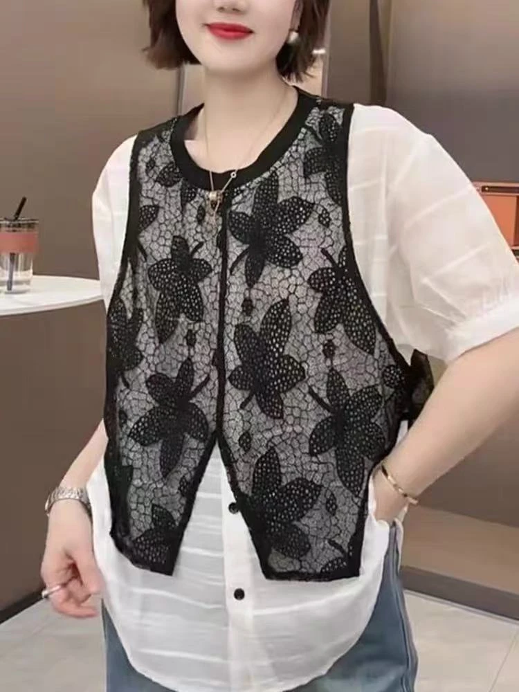 胖丫专属-25326圆领假两件蕾丝拼接款宽松百搭显瘦女士休闲风上衣