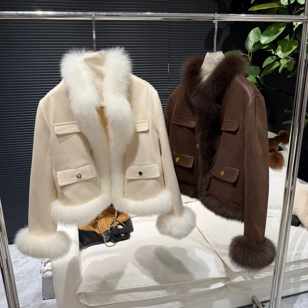 【千金归来】2025新款狐狸毛鹅绒内胆在肩外套女复古机车风小个子款