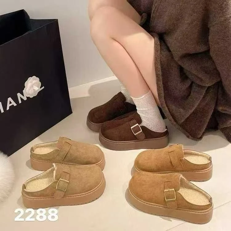 2288厚底加绒勃肯鞋包头半拖鞋女外穿2025新款秋季爆款一脚蹬拖鞋