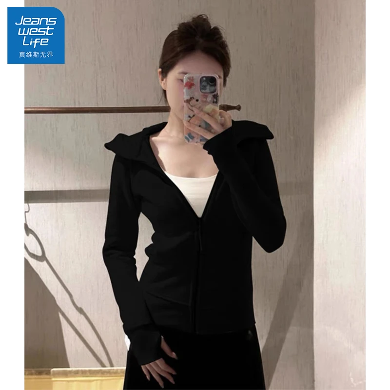 真维斯无界新款黑色收腰连帽开衫卫衣时尚百搭修身显瘦高级感上衣