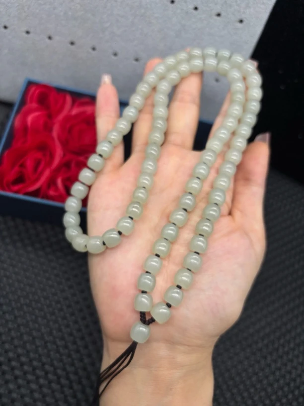 高端新疆和田玉且末料直切桶珠8mm玉石挂件绳毛衣链长链时尚百搭