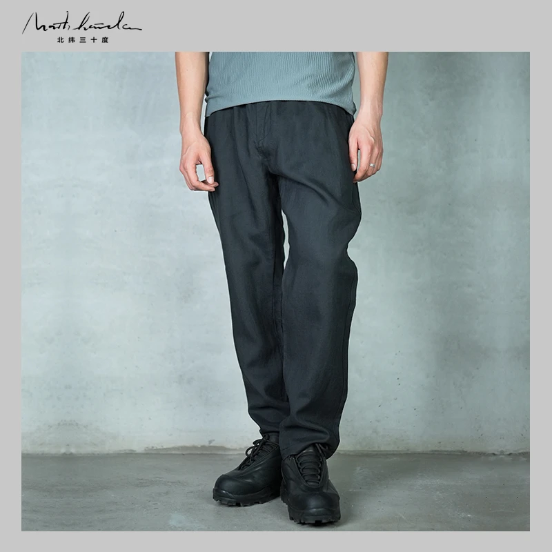 北纬三十度原创设计师男士线下款苎麻休闲时尚百搭舒适黑色长裤