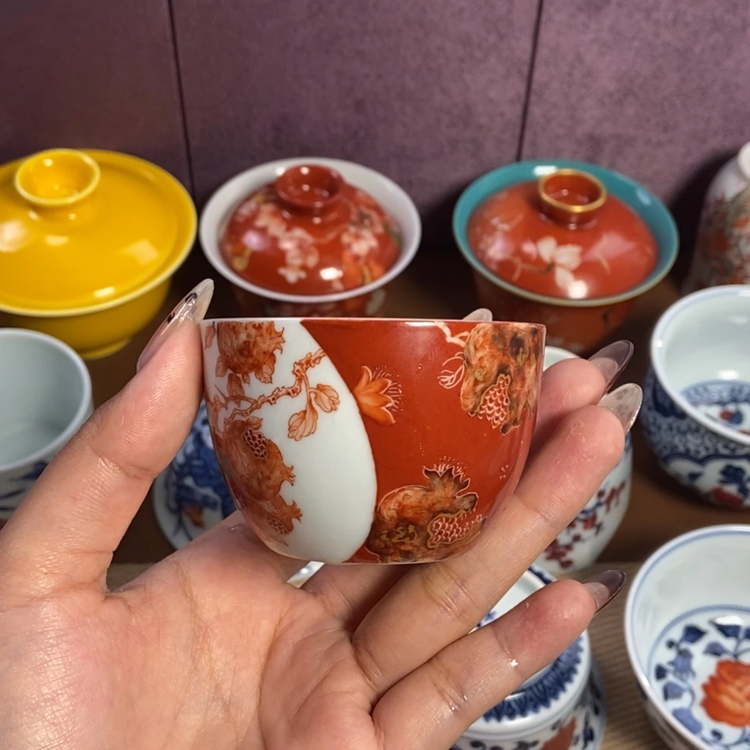 陶瓷云楼老油红开窗石榴单杯
