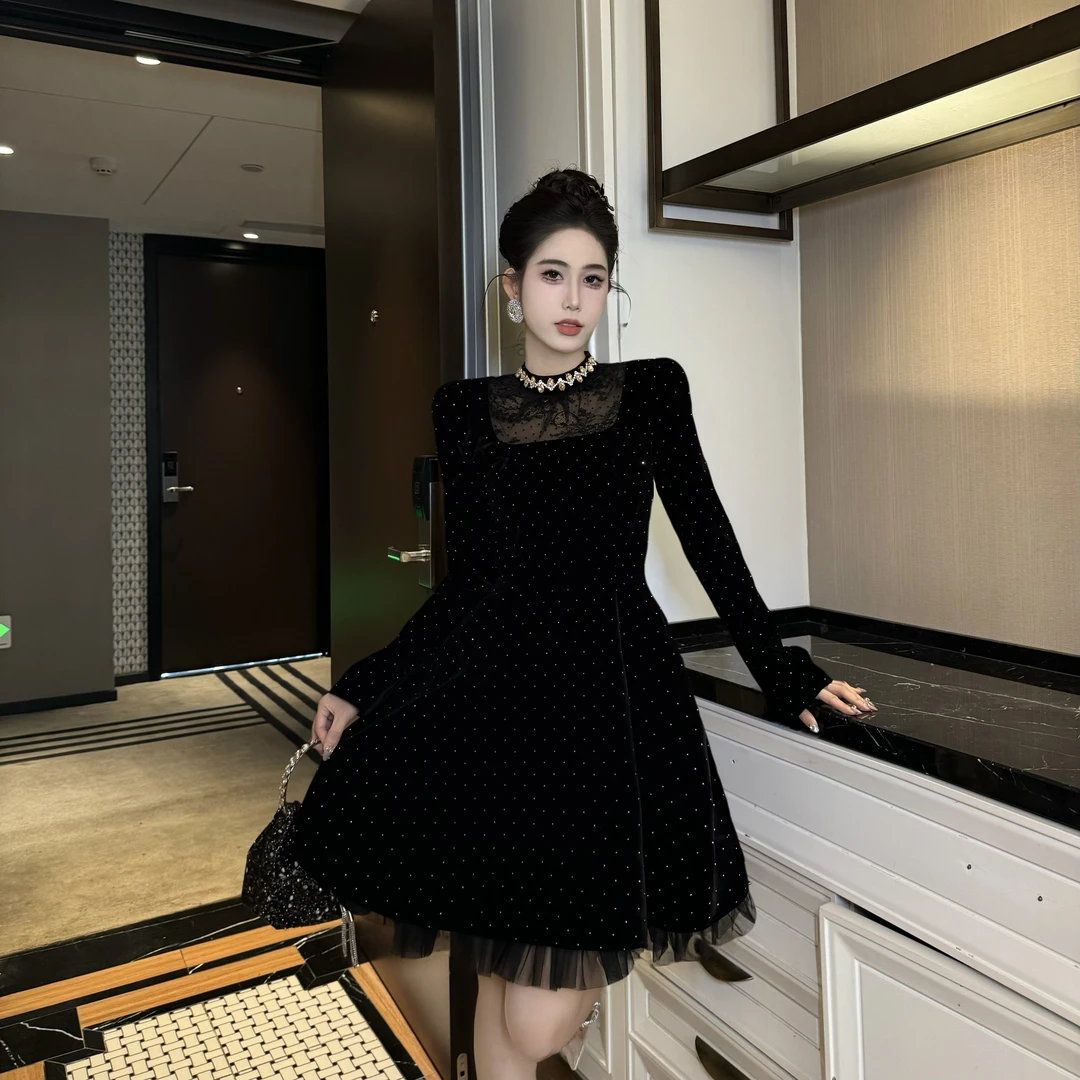 【时时原创】气质简约时尚网纱拼接减龄赫本风轻奢名媛连衣裙45067