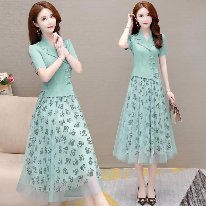 B821新中式印花连衣裙女2025新款夏季中长款拼接短袖假两件套裙子