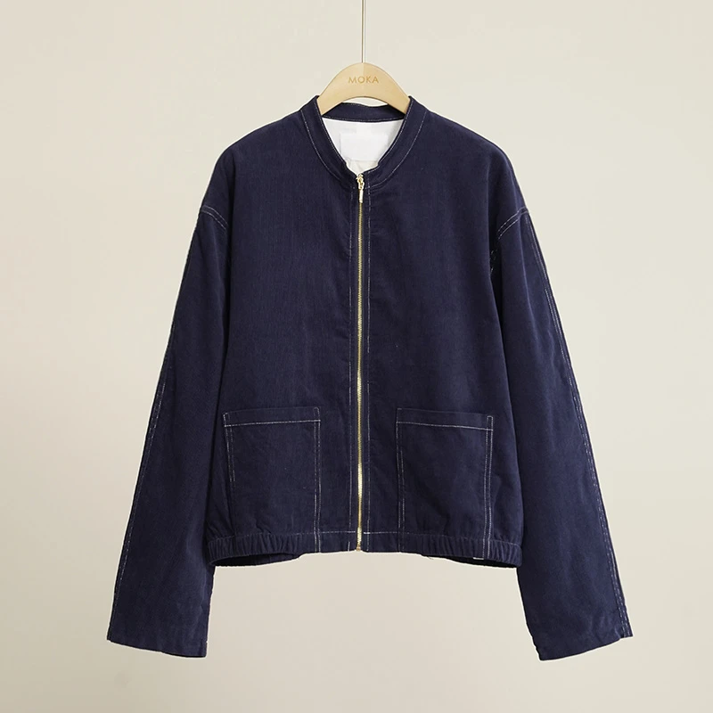 素家灯芯绒立领压线设计拉链夹克女士外套（250254）2374