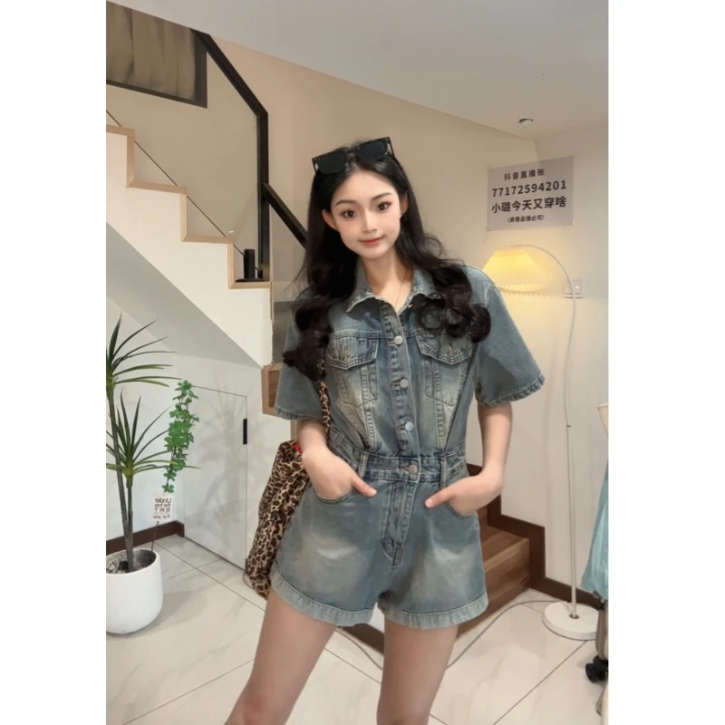 百搭复古牛仔短袖女夏季新款气质水洗宽松连体裤时尚休闲0040显瘦