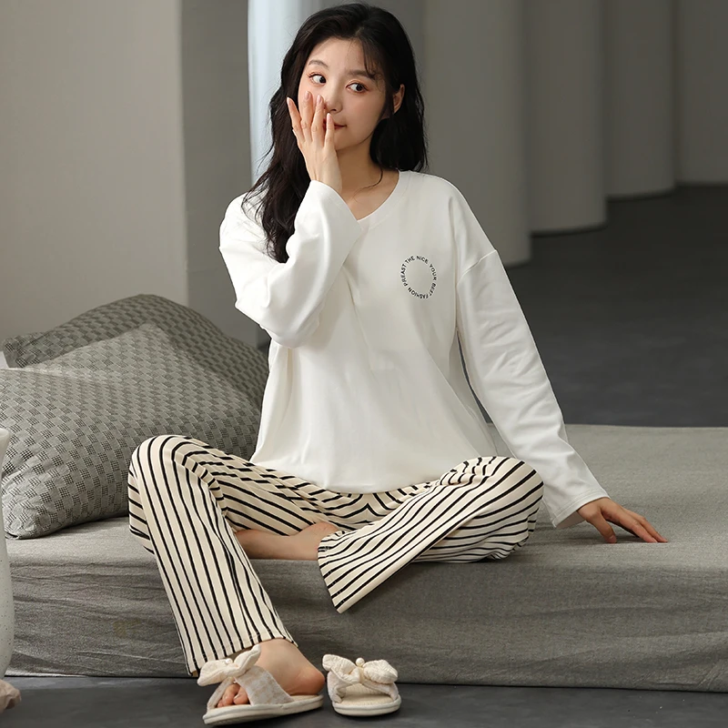 88223秋冬女士带胸垫纯棉睡衣套装长袖长裤睡衣套装可外穿家居服