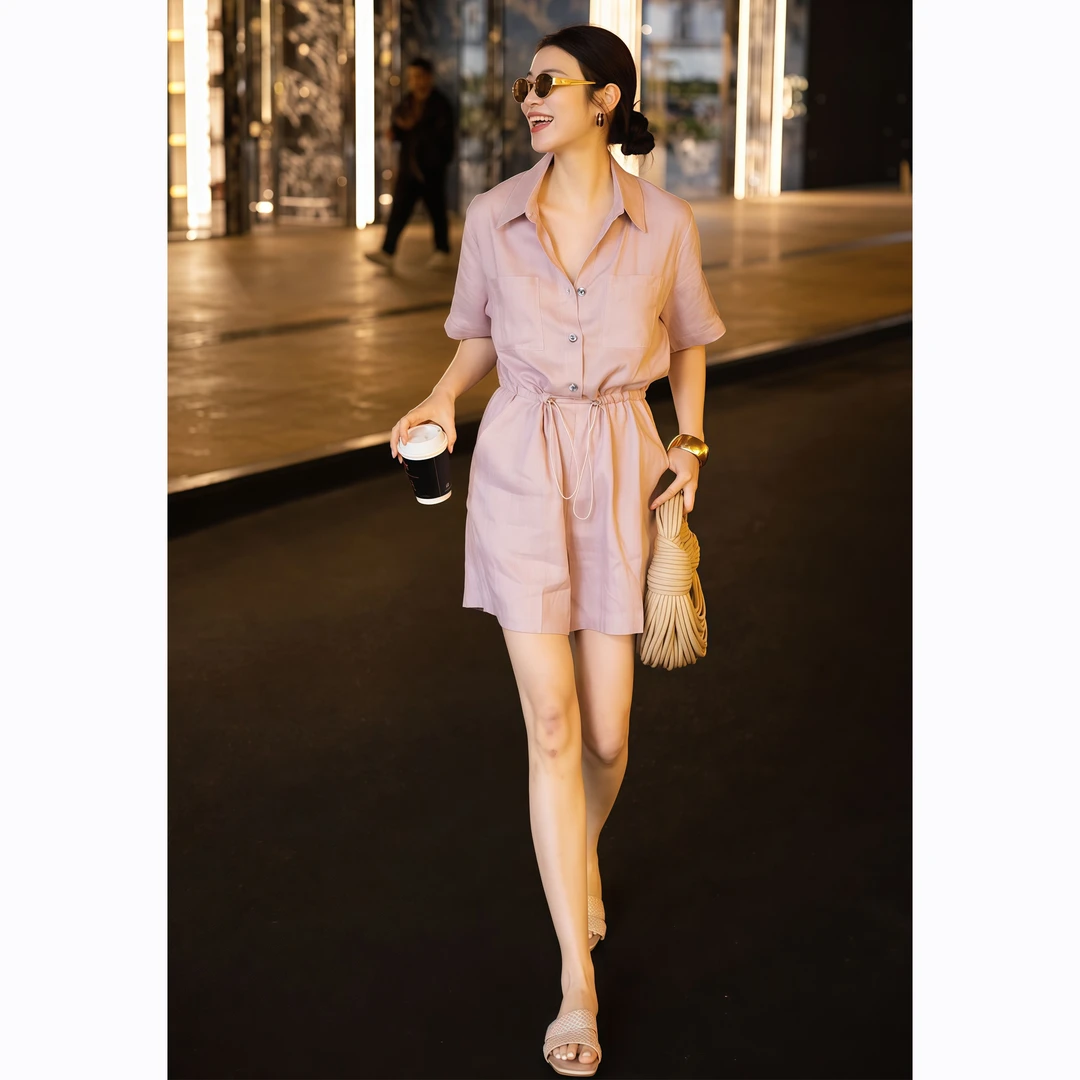 ZEROYK工装亚麻连体裤套装女夏季收腰显瘦小众设计感减龄连衣短裤