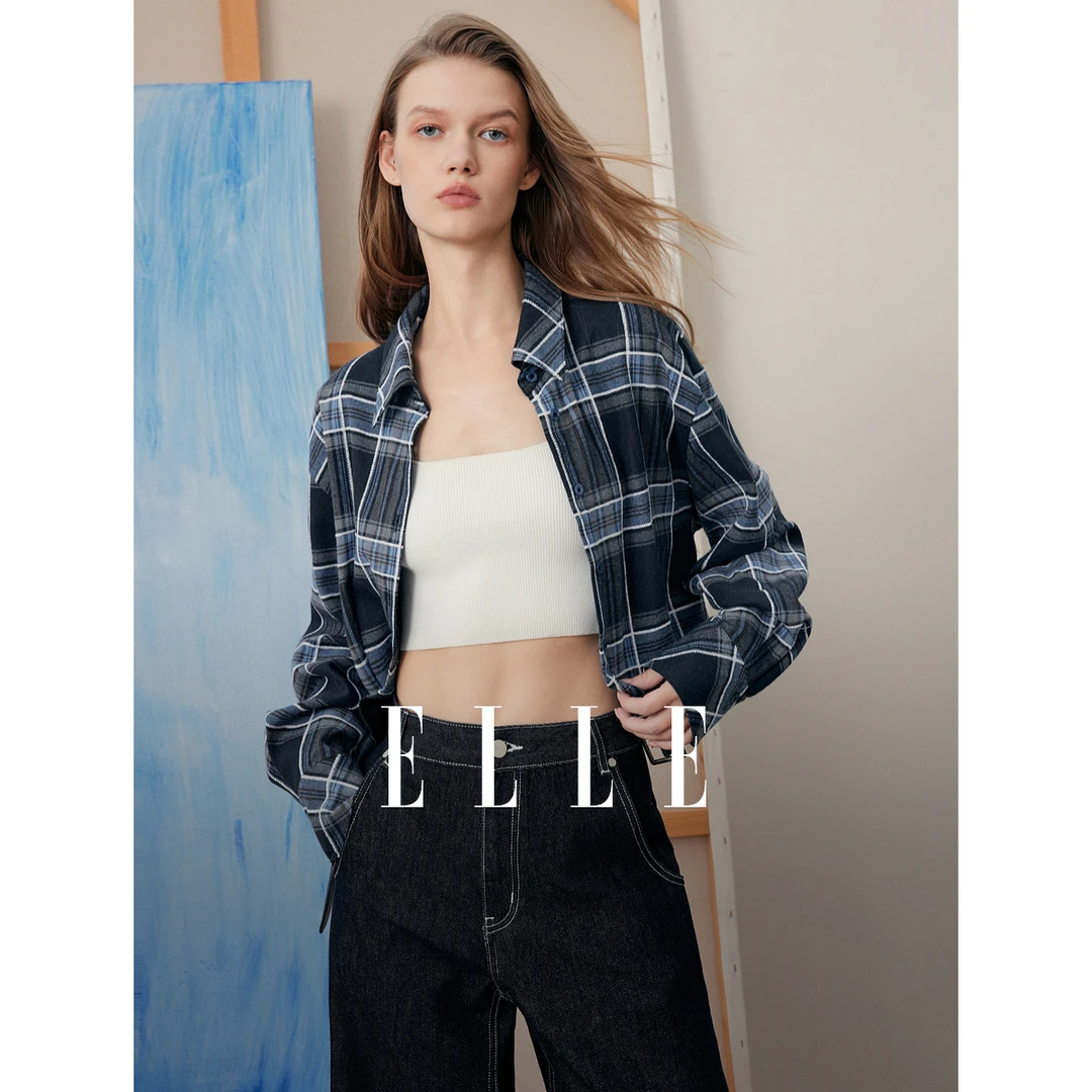 ELLE女装法式格纹短款衬衫2025秋季新款宽松休闲衬衣外套EC51797