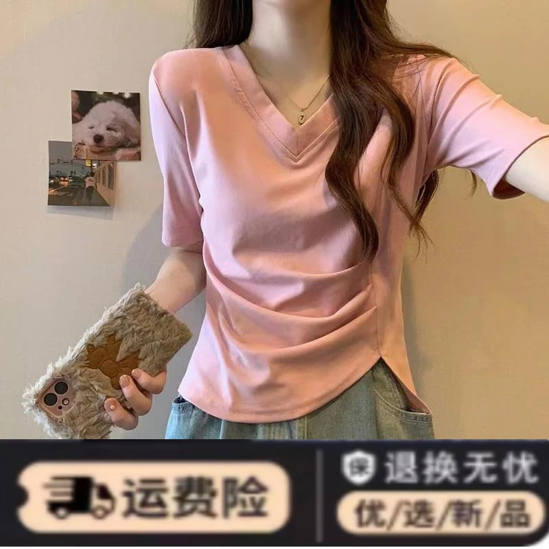 辣妹短款褶皱半袖T恤女早春夏装修身韩版百搭不规则V领短袖上衣潮