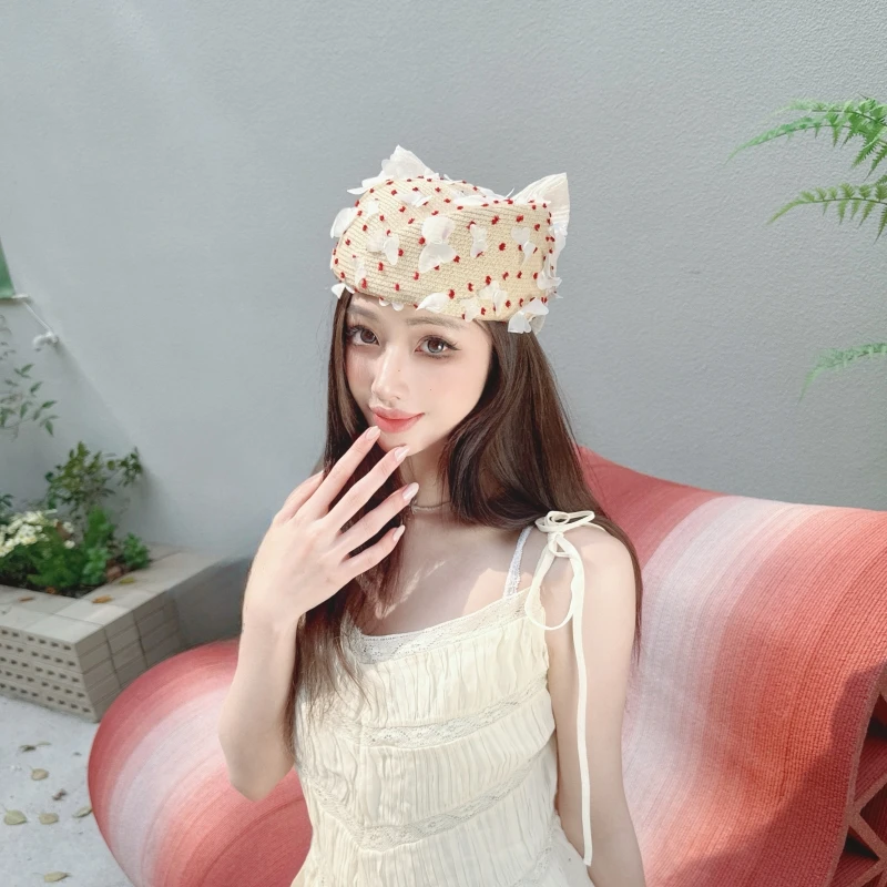 CREAMPP 原创小众波点蝴蝶网纱半透贝雷帽复古定型草编蝴蝶结礼帽