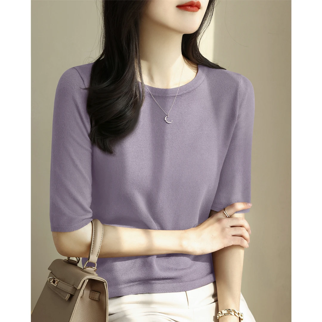 秋季时尚气质百搭中袖打底上衣高级感新款套头圆领宽松针织衫女装