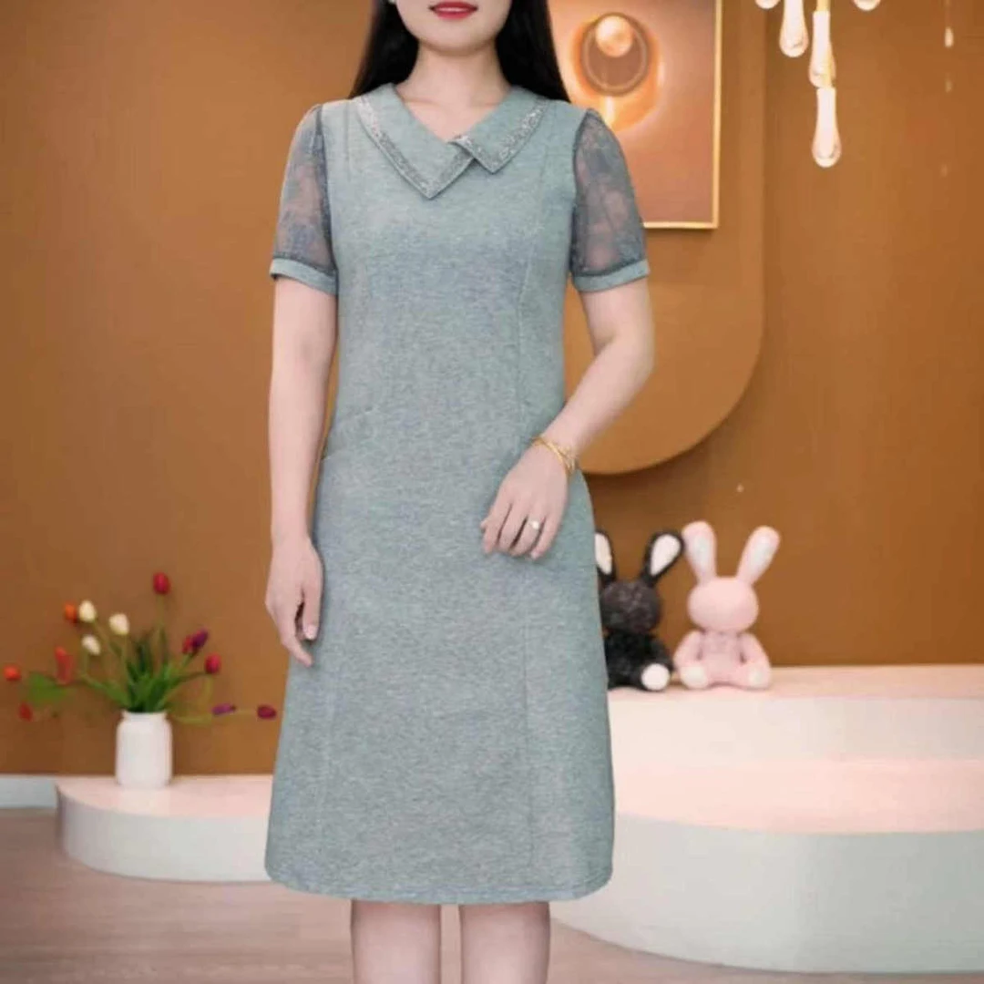 新款夏季减龄吸汗娃娃领短袖连衣裙女气质妈妈装中长款修身显瘦