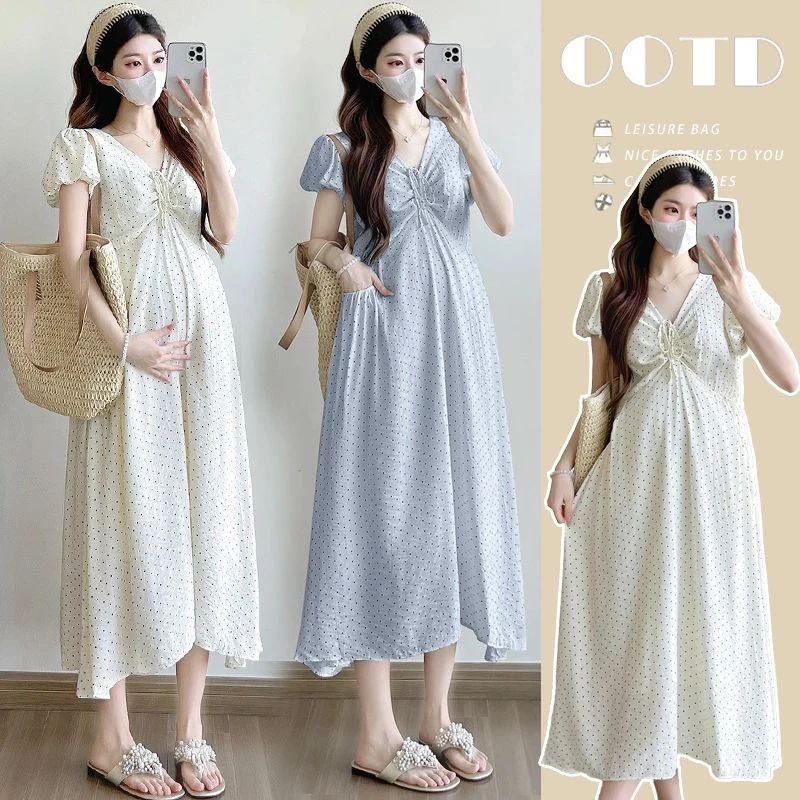 2025孕妇装夏季新款法式复古波点泡泡袖V领宽松连衣裙中长款仙女