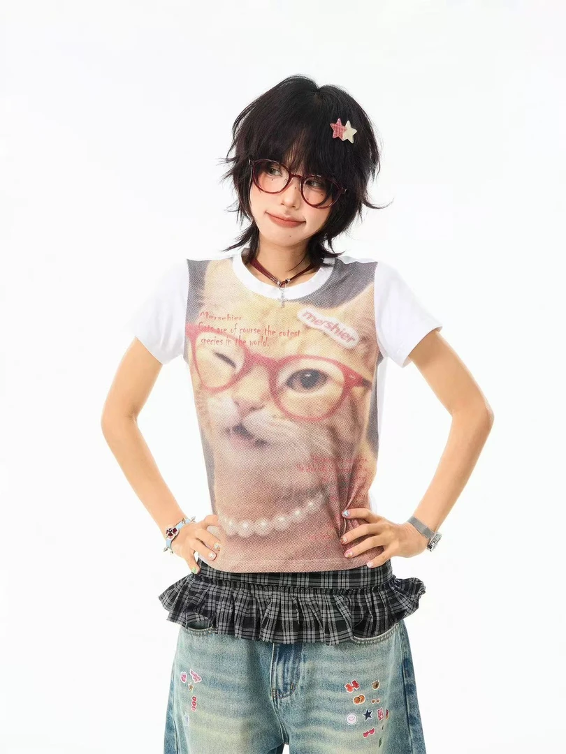 B19-3/B24-3两色“眼镜项链猫咪”短袖上衣