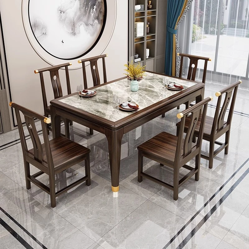 乌金木新中式实木餐桌椅客厅家用小户型长方形现代方桌岩板吃饭桌