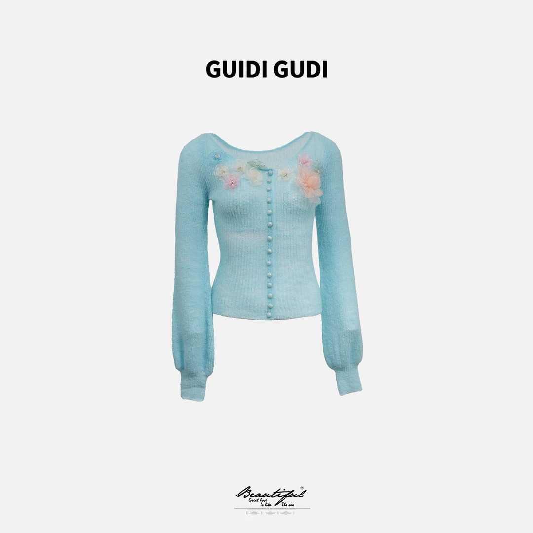 GUIDI GUDI【小彩花】黄加蓝花朵长袖针织长袖外套W9510936H