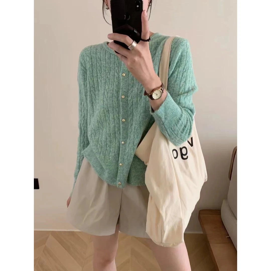 思思韩版竖条纹修身显瘦针织衫长袖v领单排扣开衫