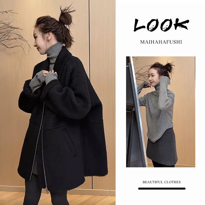 冬季一整套女装2025新款韩版黑色宽松外套高领打底衫半身裙三件套