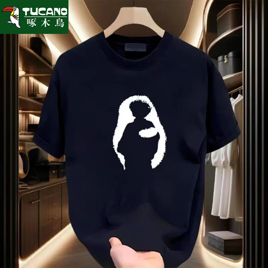 啄木鸟纯棉重磅男士T恤潮牌夏季圆领短袖新款纯棉宽松百搭上衣潮