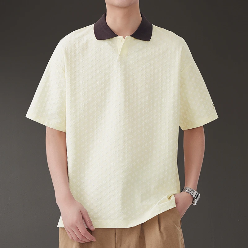 重磅肌理感Polo衫男夏季翻领短袖T恤潮牌设计感宽松撞色提花半袖