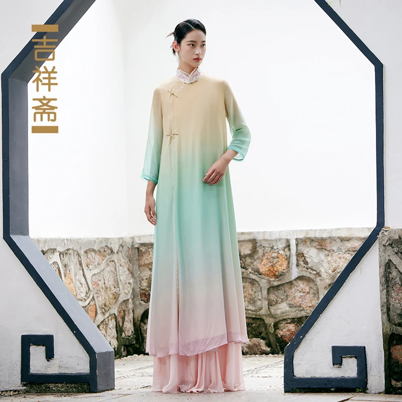 吉祥斋竹之翠套装复古斜襟飘逸渐变薄款单件长上衣231202056