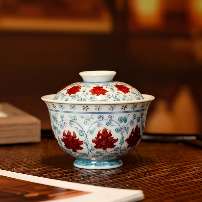 【墨舍名窑】屹朴青花釉里红斗彩缠枝莲盖碗 yipu1267景德镇手工