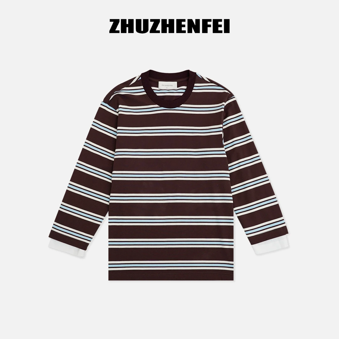 ZHUZHENFEI  经典条纹莱赛尔圆领休闲百搭简约长袖T恤-Z354013