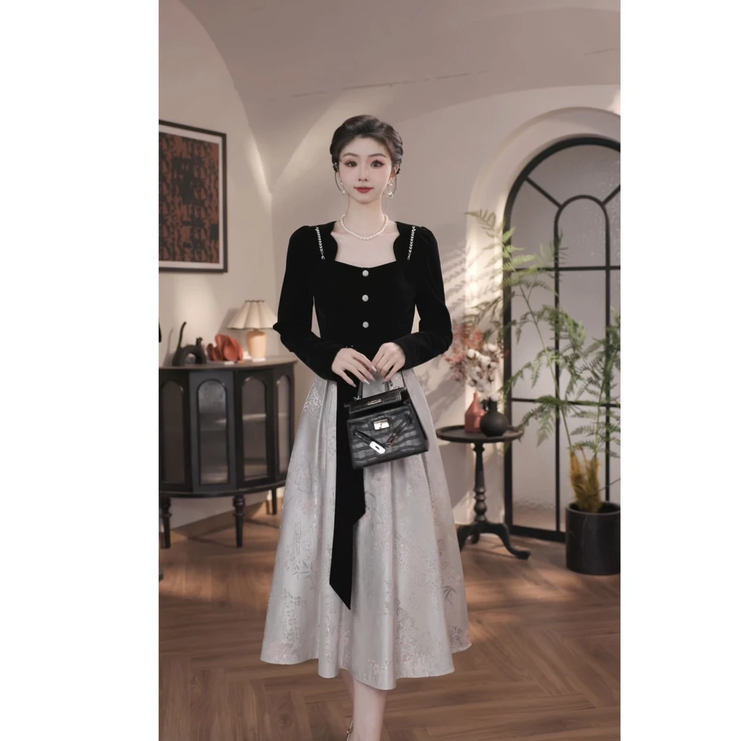 【薇宝儿-婷婷】气质长袖轻奢原创设计时尚收腰显瘦连衣裙-B8166K