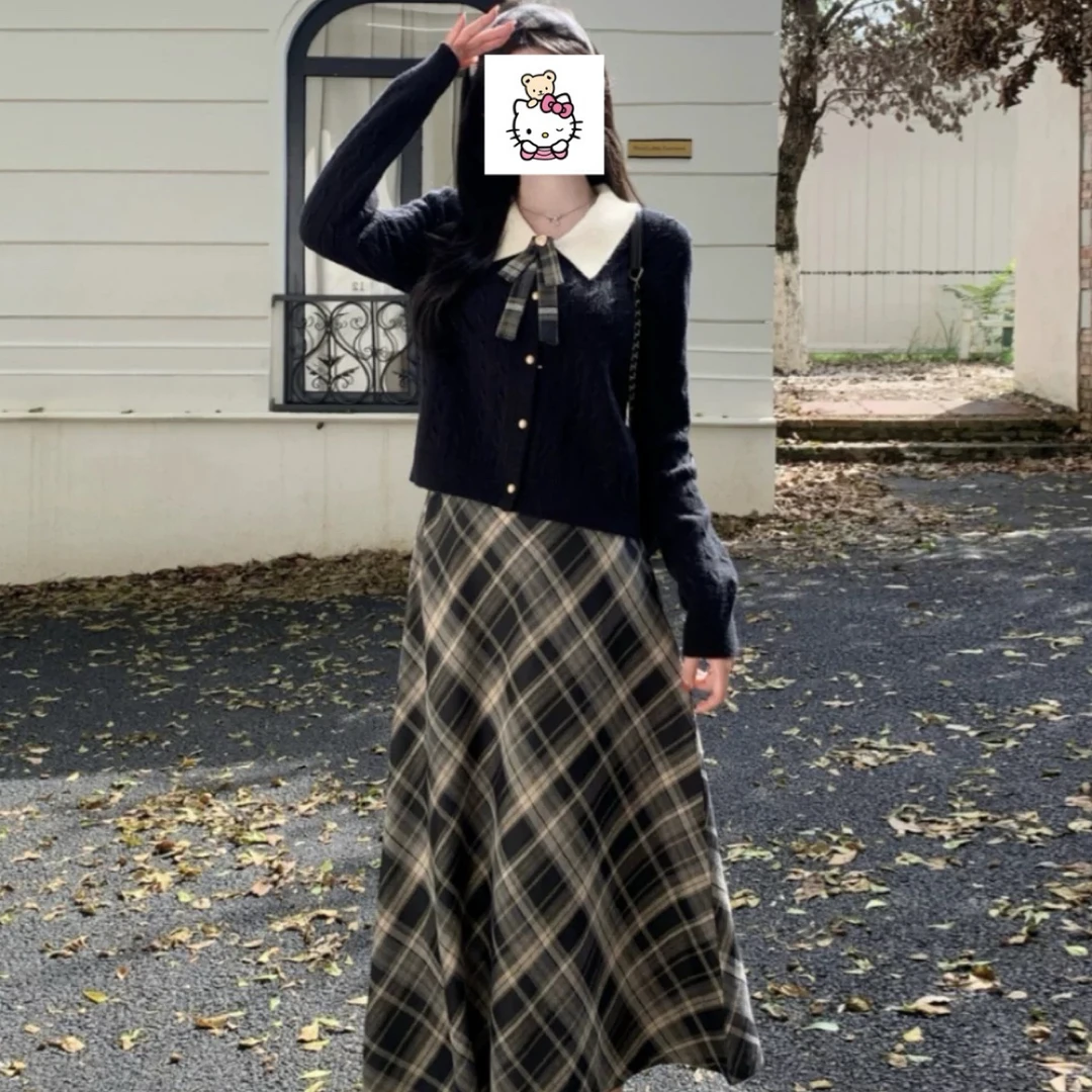 大码女装初秋穿搭高级感套装蝴蝶结毛衣胖MM显瘦高腰半身裙两件套