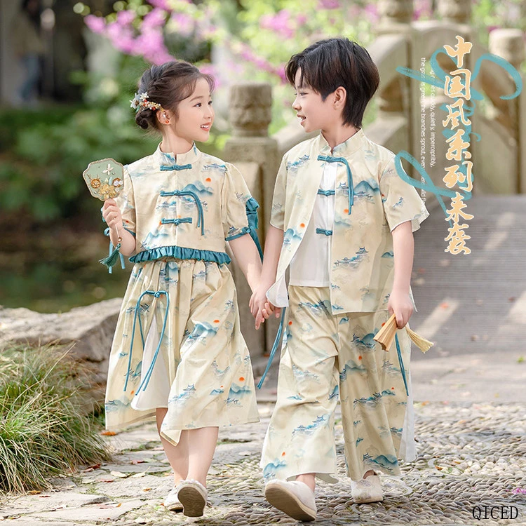 【六一儿童节】连衣裙新款夏季国风童装男宝宝男童套童古装演出服碧