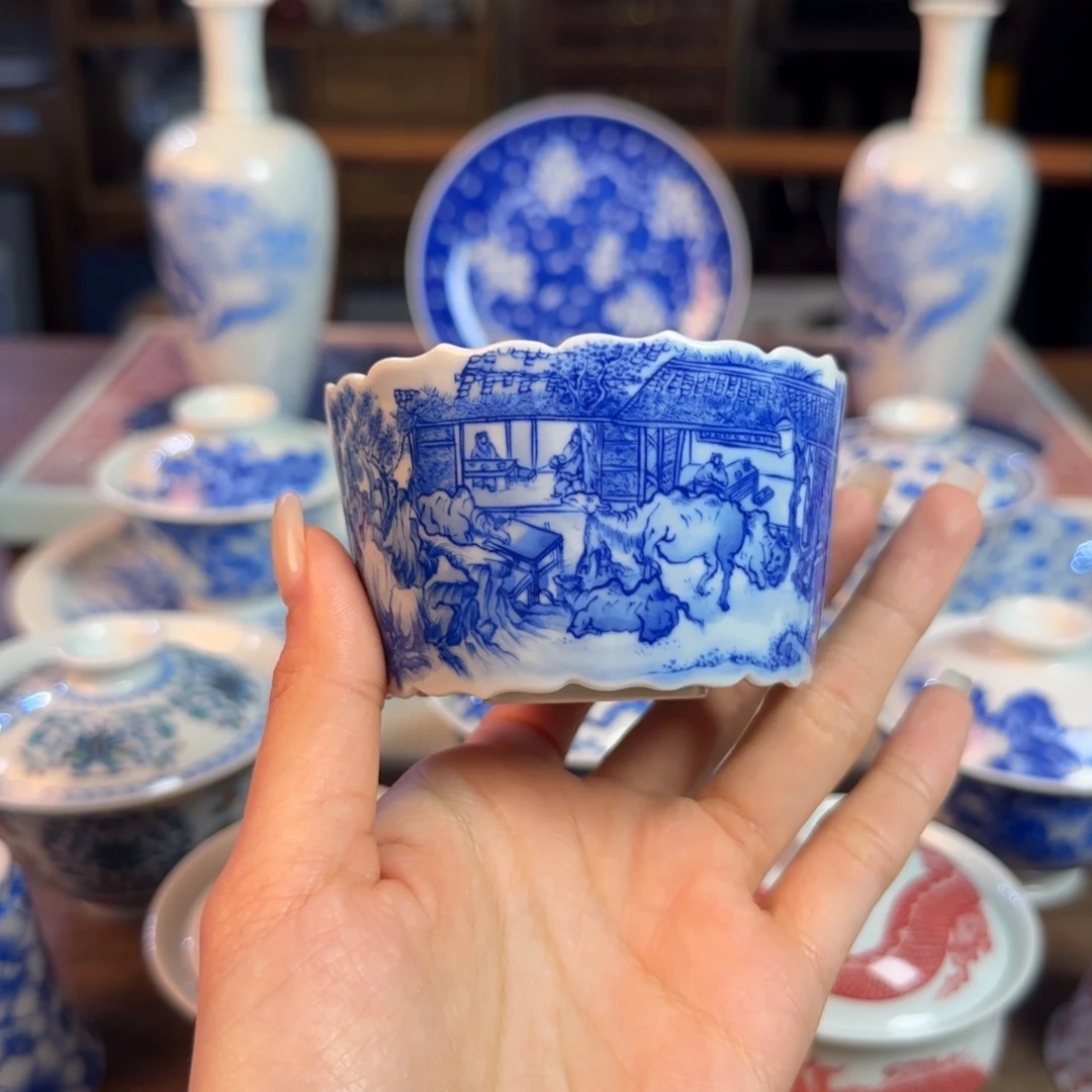 名窑口 盘车图葵口杯放漏
