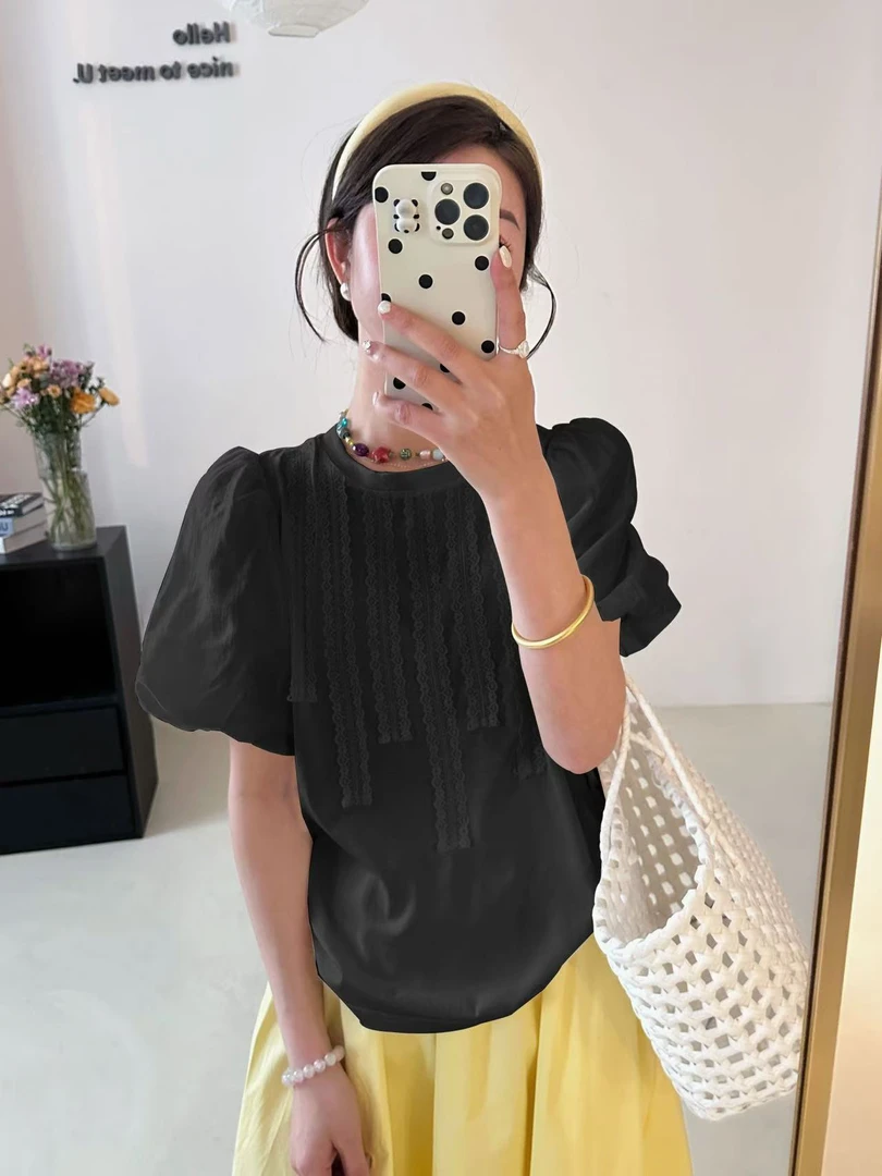 DD-5533泡泡袖纯色短袖拼接圆领INS上衣