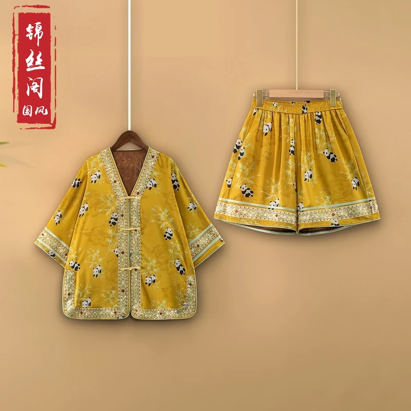 【锦竹熊猫】2025新款夏季新中式亮片绣花上衣+短裤国风两件套装女