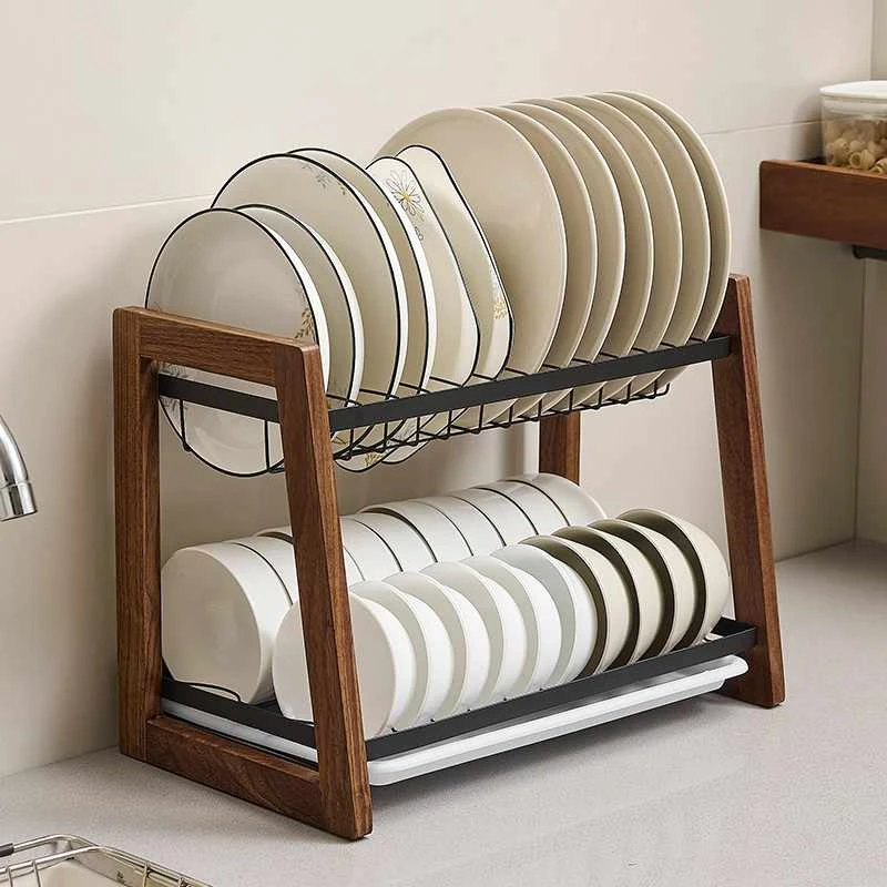 cmeo胡桃木碗架沥水架多功能盘子碗盘架厨房收纳置物架