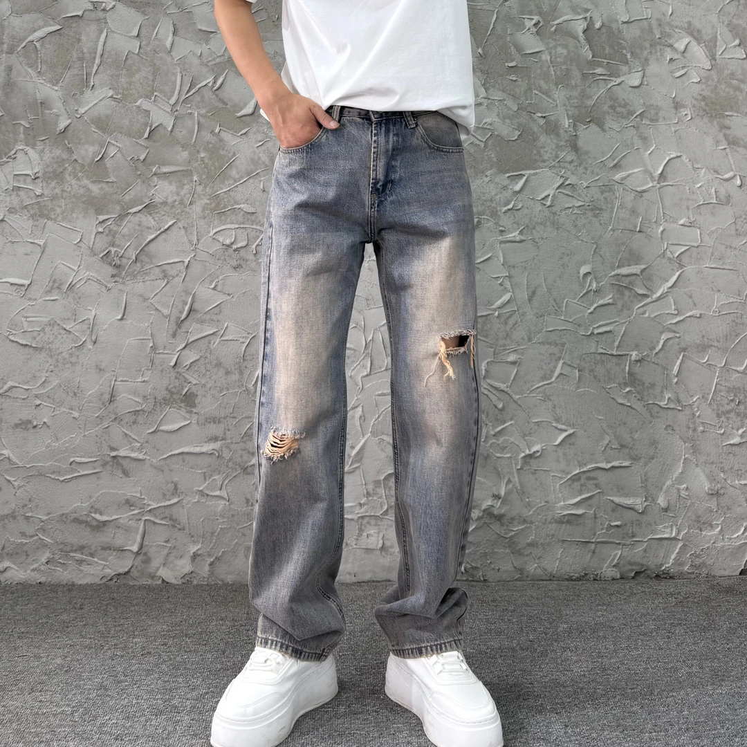 春秋季破洞直筒男牛仔裤美式高街潮牌复古做旧宽松潮流痞帅个性