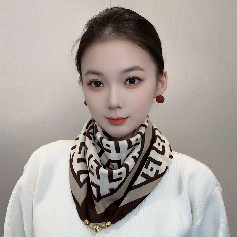 磁吸扣棉麻方巾秋冬丝巾女薄款小围巾气质三角巾保暖护颈百搭围脖