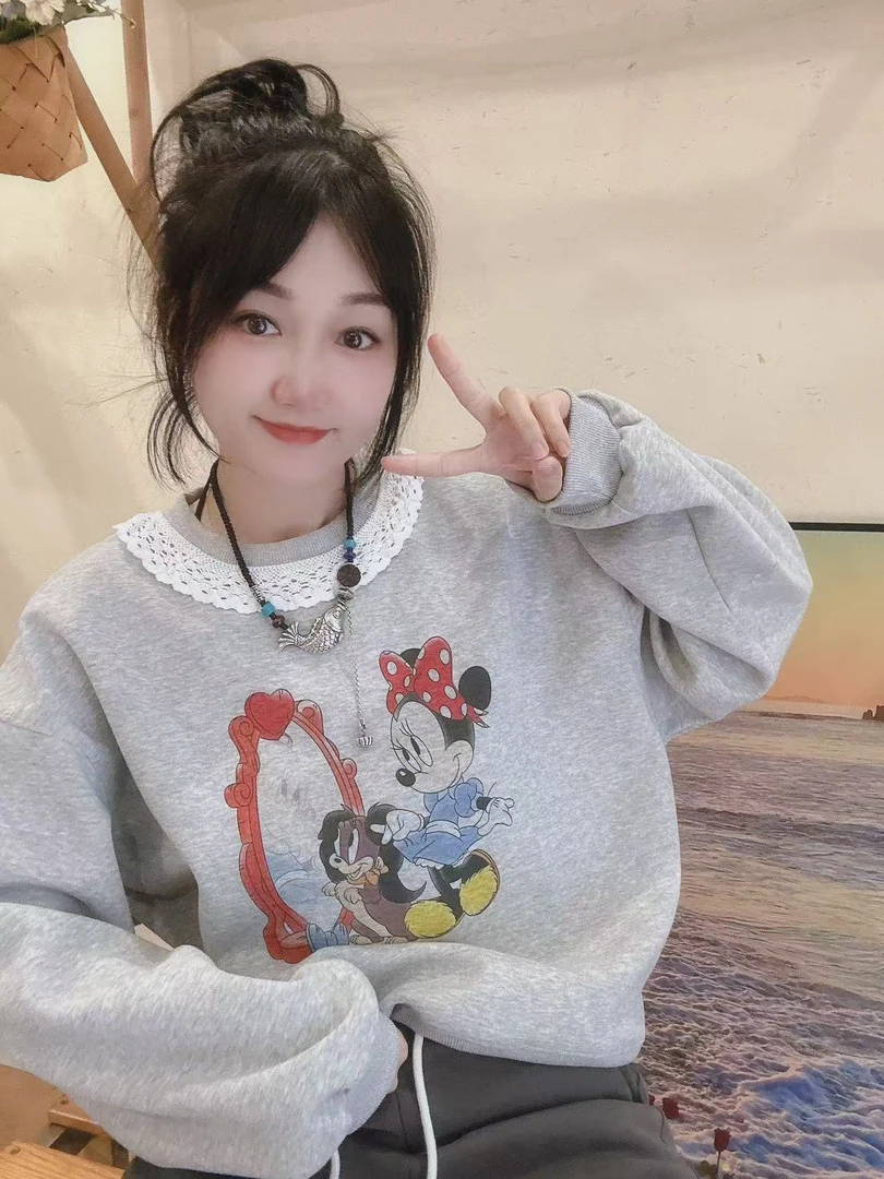 【卡通米妮】婷婷同款推荐 早春款 时尚百搭拼接花边卡通卫衣