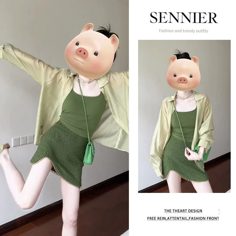 时尚穿搭女2025新款宽松防晒长袖衬衫显瘦吊带设计感半身裙三件套